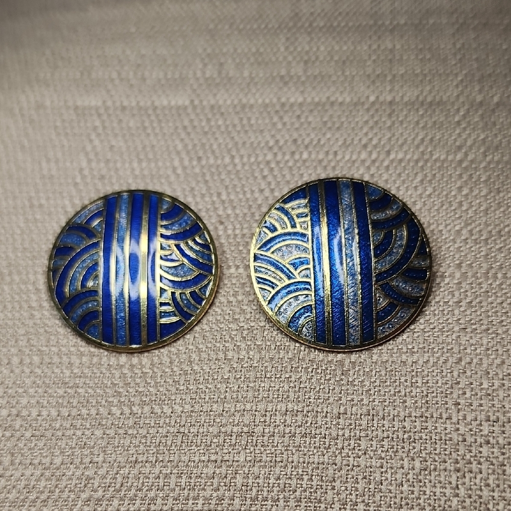 Vintage Cloisonne Siti Shimmer Blue w/ Gold-Tone Clip-On Earrings in EC
